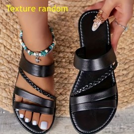 Women's Braided Flat Slide Sandals, Open Toe Faux Leather Non Slip Shoes, Casual Outdoor Beach Slides