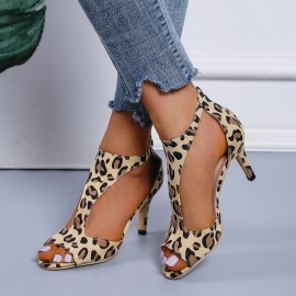 Women's Leopard Print Sexy Sandals, High Heel Hollow Out Fishbill Sandals