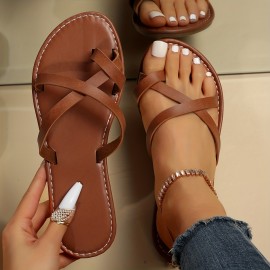 Women's Solid Color Thong Sandals, Slip On Open Toe Cross Strap Lightweight Flat Slides Shoes, Summer Beach Comfy Shoes