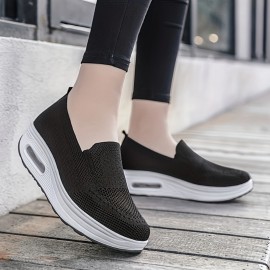 Women's Breathable Knit Sneakers, Casual Slip On Platform Shoes, Women's Comfortable Air Cushion Shoes