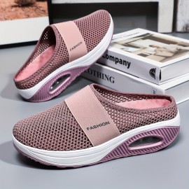 Women's Solid Color Mesh Sneakers, Slip On Soft Sole Platform Home Casual Shoes, Breathable Half Drag Slides Shoes