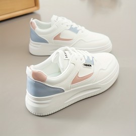 Women's Colorblock Flatform Sneakers, Lace Up Low-top Round Toe Non-slip Skate Shoes, Versatile Sporty Shoes