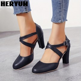 Women's Cross Strap Chunky High Heels, Solid Color Round Toe D'Orsay Pumps, Buckle Strap Sandals