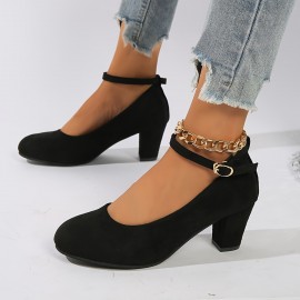 Women's Solid Color Casual Shoes, Ankle Buckle Strap Chunky Heel Soft Sole Shoes, Versatile Round Toe Shoes