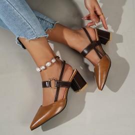 Women's Colorblock Trendy Sandals, Ankle Buckle Strap Comfy Chunky Heel Soft Sole Shoes, Versatile Point Toe Dress Shoes