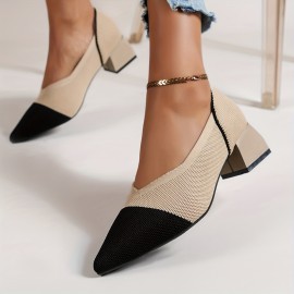 Women's Knitted Chunky Low Heels, Pointed Toe & Cap Toe Slip On Shoes, Comfy Breathable Low Heels