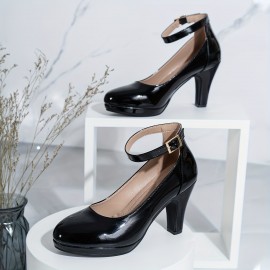 Women's Ankle Strap High Heels, All-Match Patent Leather Chunky Heeled Pumps, Fashion daily Work Shoes