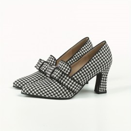 Women's Houndstooth Pumps, Bowknot Pointed Toe Slip On Chunky Heels, Versatile Dress High Heels