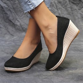 Women's Mesh Wedge Shoes, Breathable Soft Sole Slip On Shoes, Casual Linen Soft Wedge Heels