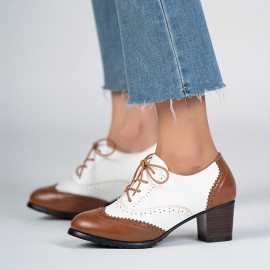 Women's Perforated Pumps, Colorblock Lace Up Stacked Chunky Heels, Retro Mid Heels