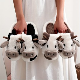 Women's Cute Cow Design Slippers, Casual Slip On Plush Lined Platform Shoes, Warm Indoor Slippers