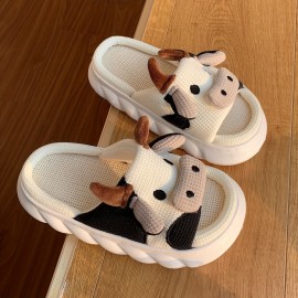 Women's Kawaii Cartoon Cow House Slippers, Casual Slip On Platform Slippers, Comfortable Indoor Shoes