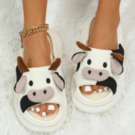 Cute Fabric Cow Home Slippers, Open Toe Super Soft Sole Platform Shoes, Comfy Indoor Animal Slippers