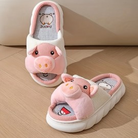 Women's Kawaii Animal Novelty Slippers, Cute Cartoon Flax Memory Foam Home Shoes, Comfy Open Toe Bedroom Slippers