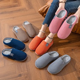 Solid Color Home Warm Slippers, Soft Sole Flat Non-slip Plush Shoes, Winter Closed Toe Cozy Shoes