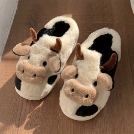 Cute Cartoon Cow Design Slippers, Kawaii Plush Lined Non Slip Bedroom Shoes, Warm & Comfortable Shoes