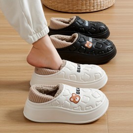 Cute Bear Waterproof Slippers, Cozy & Warm Plush Lined Slip On Shoes, Winter Indoor & Outdoor Slippers