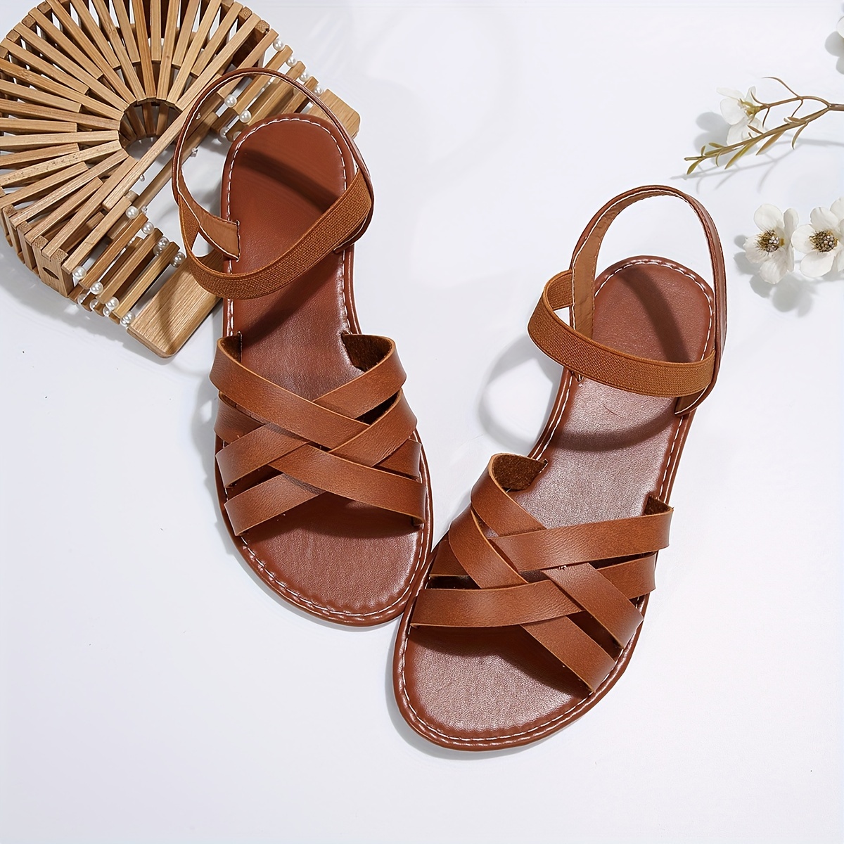 womens cross strap flat sandals open toe elastic ankle strap slip on shoes casual beach sandals details 3