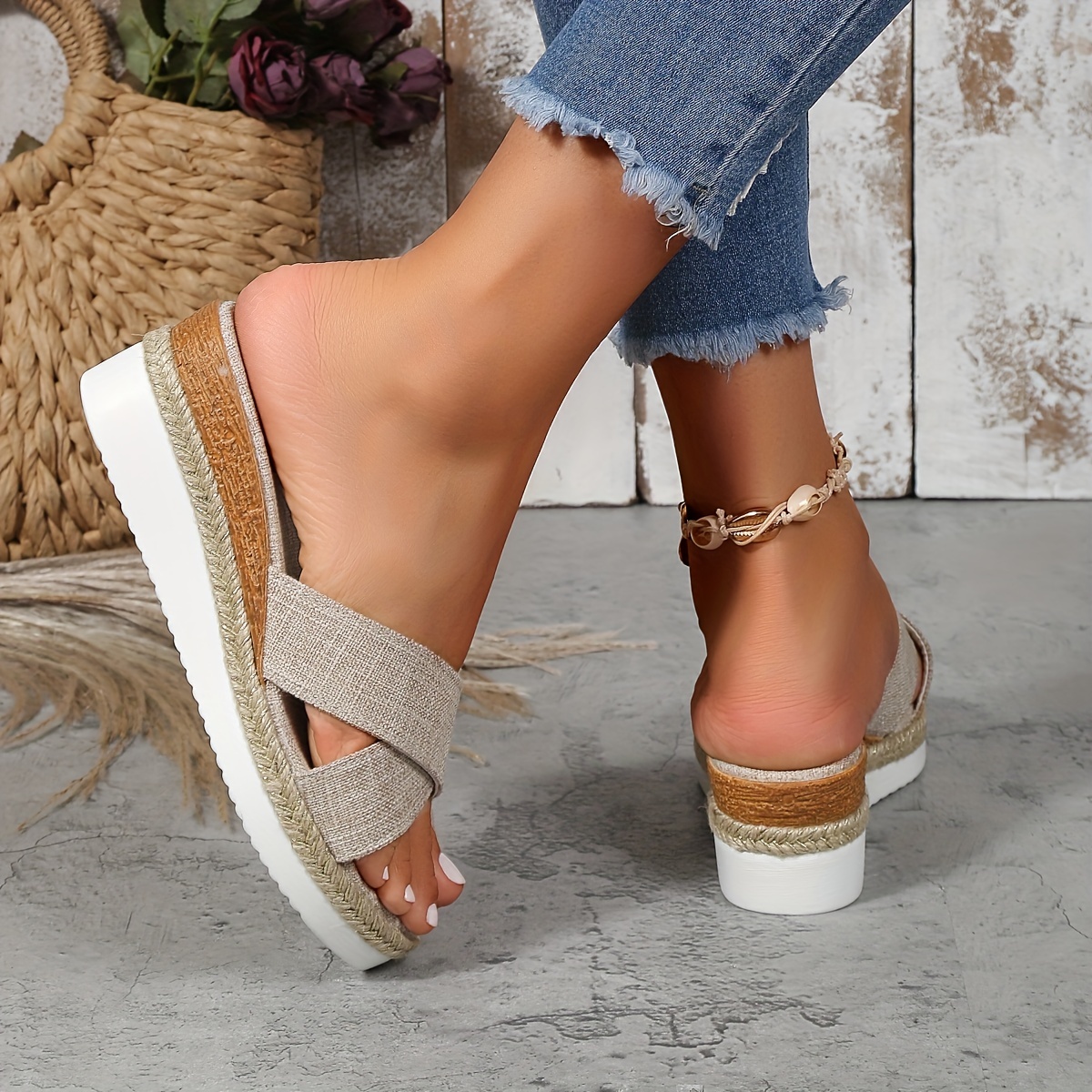 wedge slide sandals, womens cross strap wedge slide sandals casual slip on platform shoes comfortable summer espadrille shoes details 4