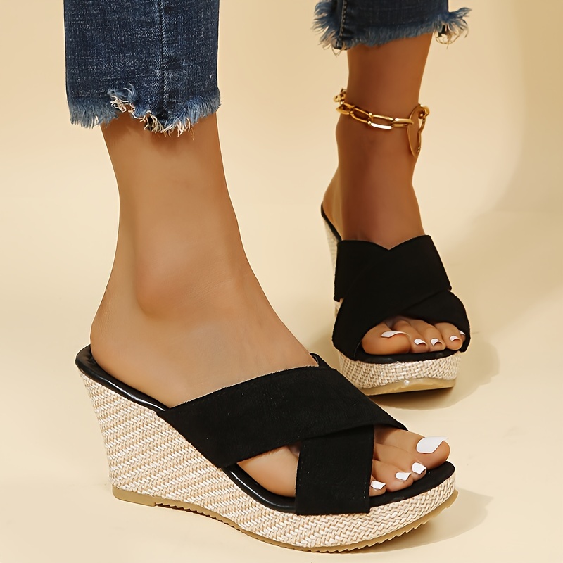 wedge slide sandals, womens cross strap wedge slide sandals casual slip on platform shoes comfortable summer espadrille shoes details 7