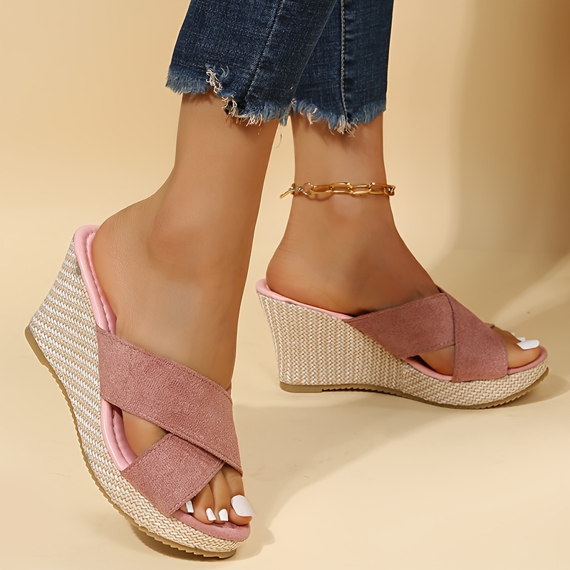 wedge slide sandals, womens cross strap wedge slide sandals casual slip on platform shoes comfortable summer espadrille shoes details 8