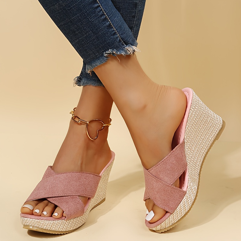 wedge slide sandals, womens cross strap wedge slide sandals casual slip on platform shoes comfortable summer espadrille shoes details 9