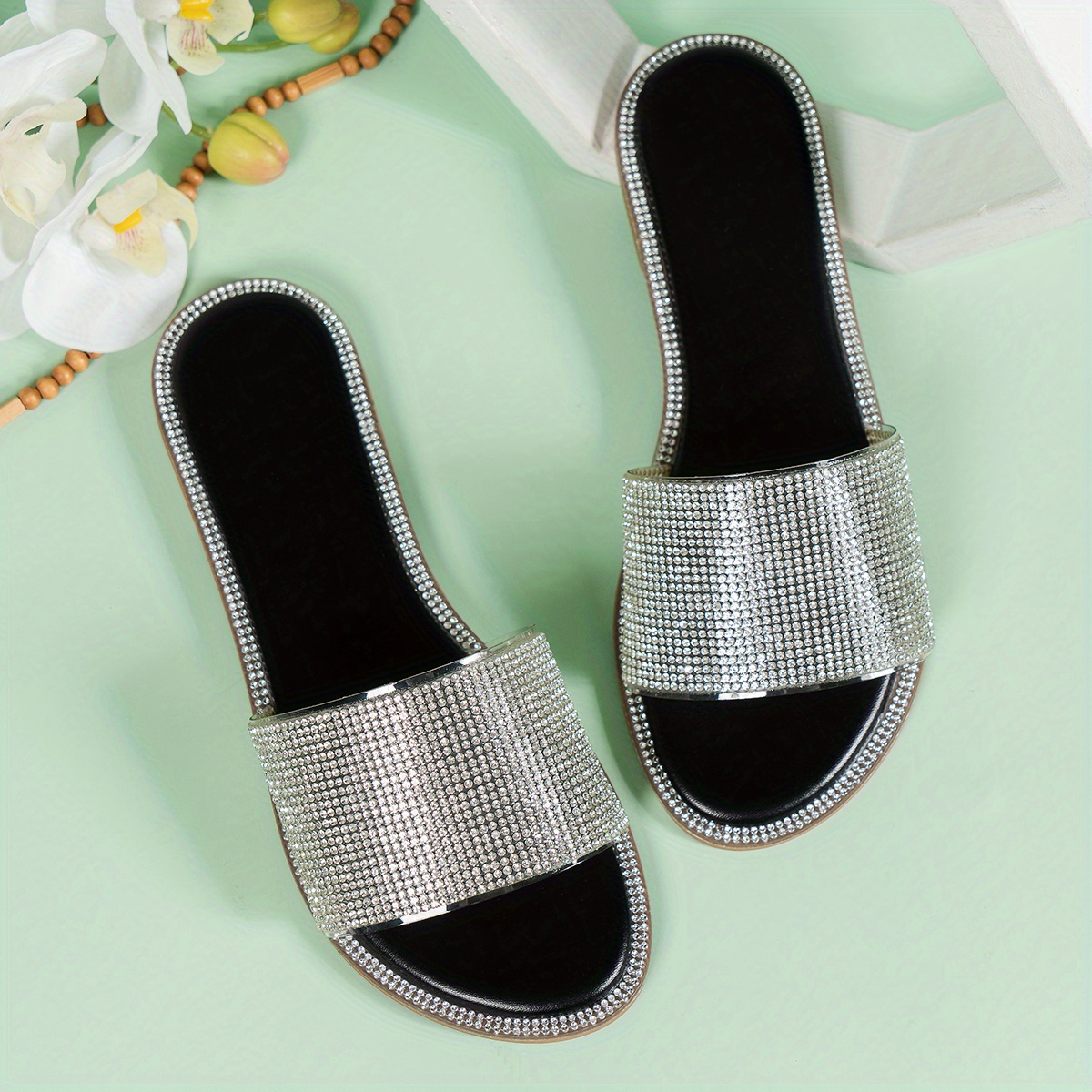 womens rhinestone flat slippers glitter open toe non slip slides shoes casual outdoor slippers details 10