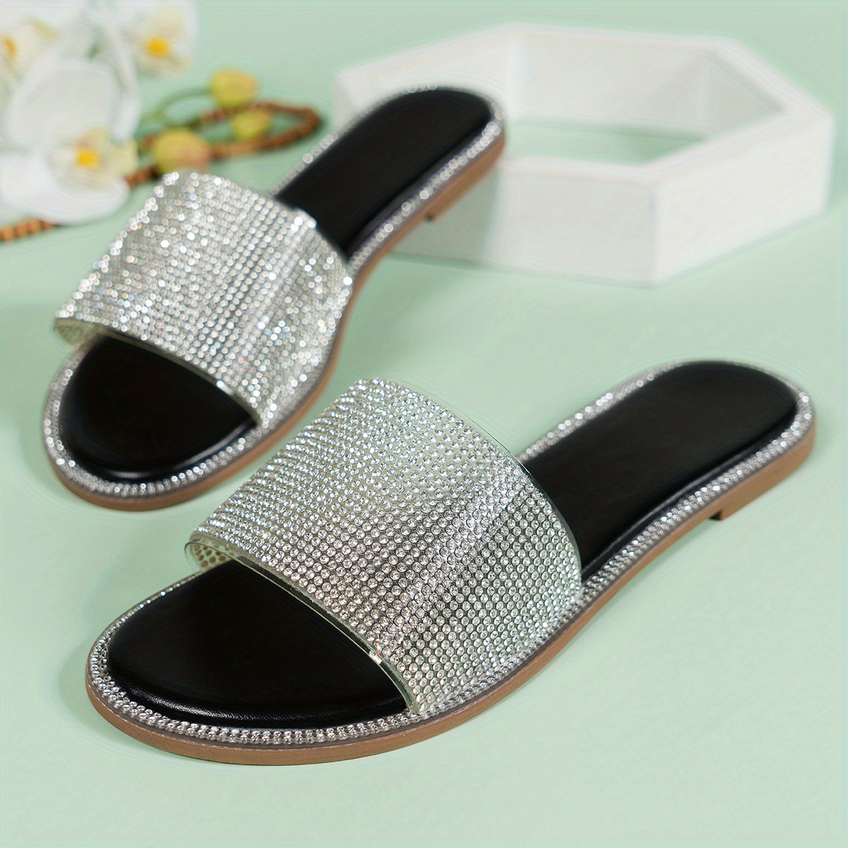 womens rhinestone flat slippers glitter open toe non slip slides shoes casual outdoor slippers details 11