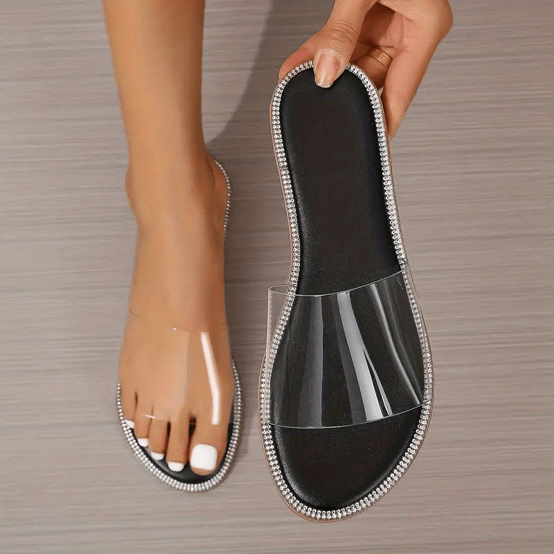 womens rhinestone flat slippers glitter open toe non slip slides shoes casual outdoor slippers details 16