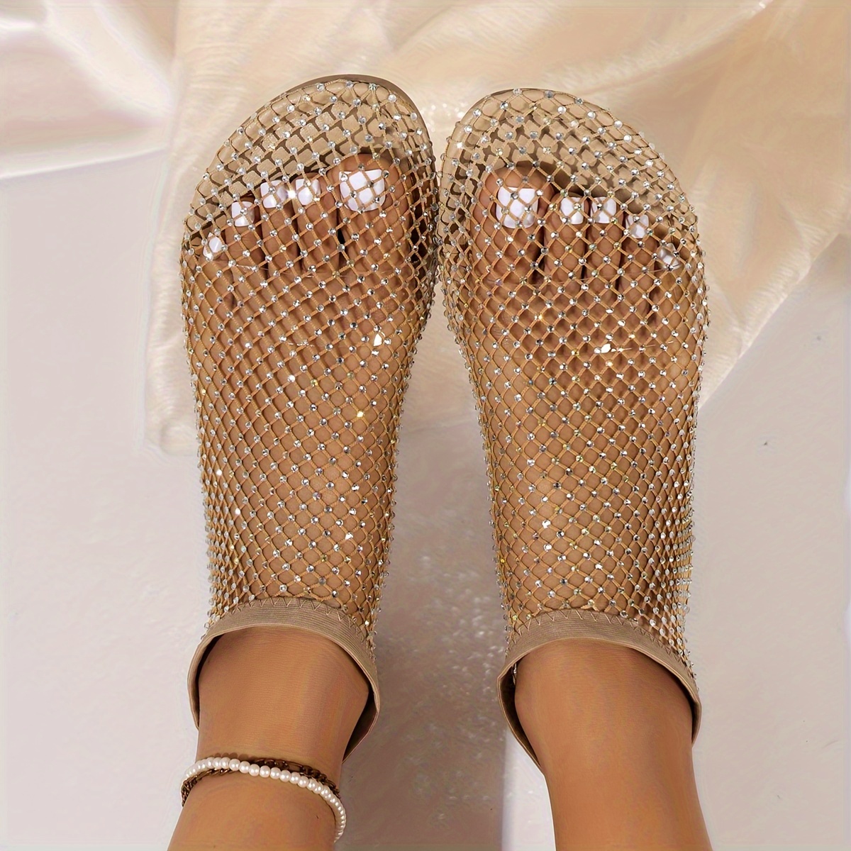 womens rhinestone pattern sandals slip on soft sole flat hollow out shoes summer transparent beach shoes details 3