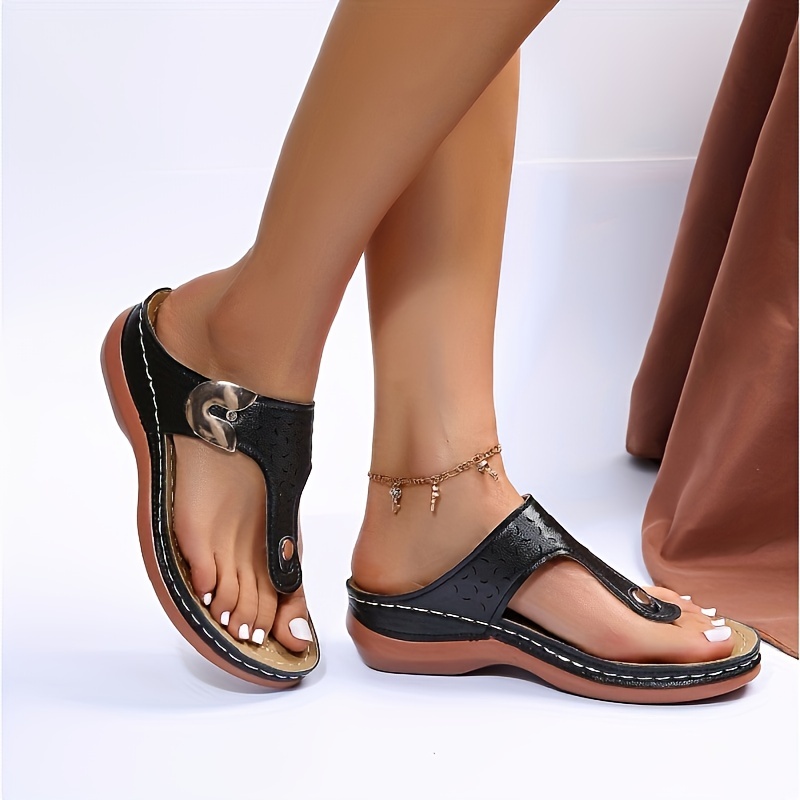 womens wedge heeled flip flops solid color open toe beachwear comfy slippers womens outside wear casual shoes details 2