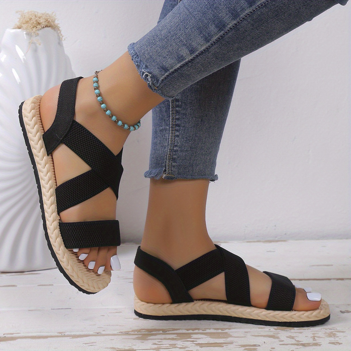 womens casual flat sandals elastic crisscross strap open toe slip on shoes comfy beach sandals details 4