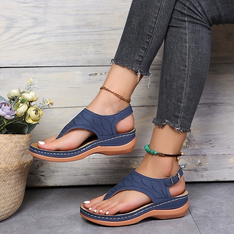 womens wedge heel orthopedic sandals comfortable buckle strap arch support sandals casual solid color outdoor shoes details 0