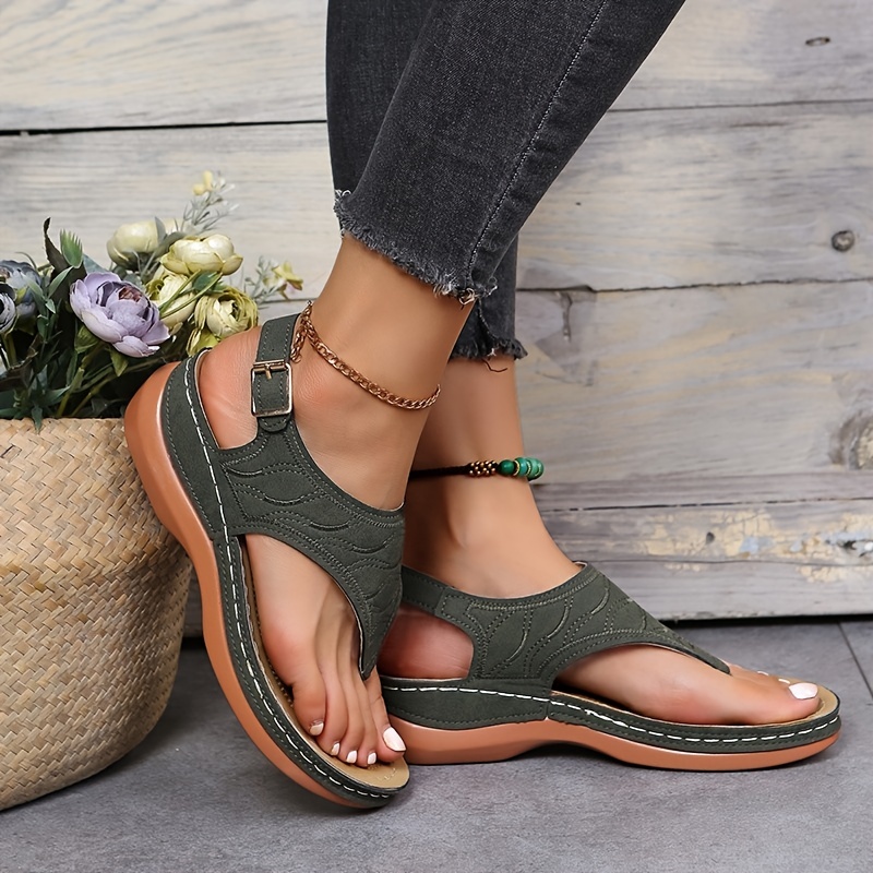 womens wedge heel orthopedic sandals comfortable buckle strap arch support sandals casual solid color outdoor shoes details 2