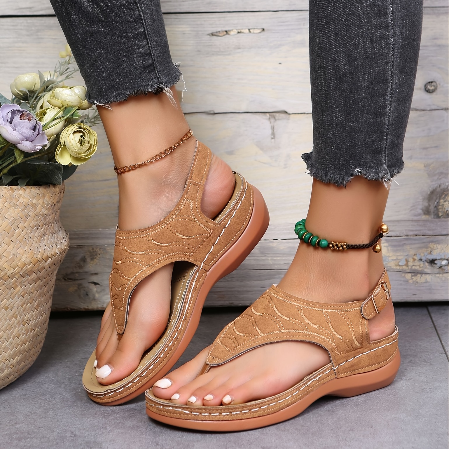 womens wedge heel orthopedic sandals comfortable buckle strap arch support sandals casual solid color outdoor shoes details 4