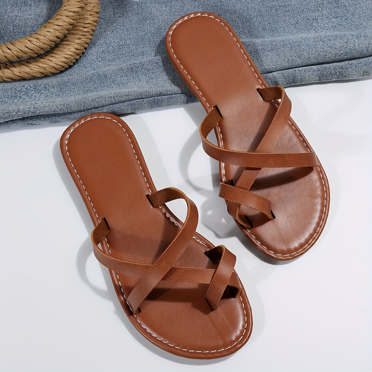 solid color thong sandals, womens solid color thong sandals slip on open toe cross strap lightweight flat slides shoes summer beach comfy shoes details 6