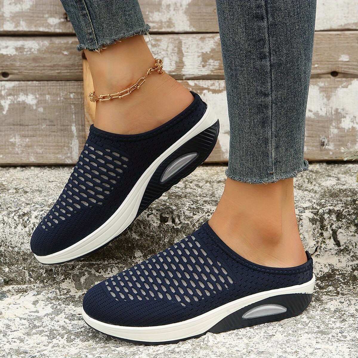 breathable mule sneakers, womens breathable mule sneakers comfortable round closed toe slip on shoes womens air cushion shoes details 5