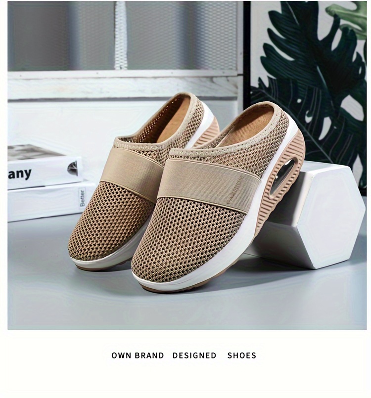 womens solid color mesh sneakers slip on soft sole platform home casual shoes breathable half drag slides shoes details 2