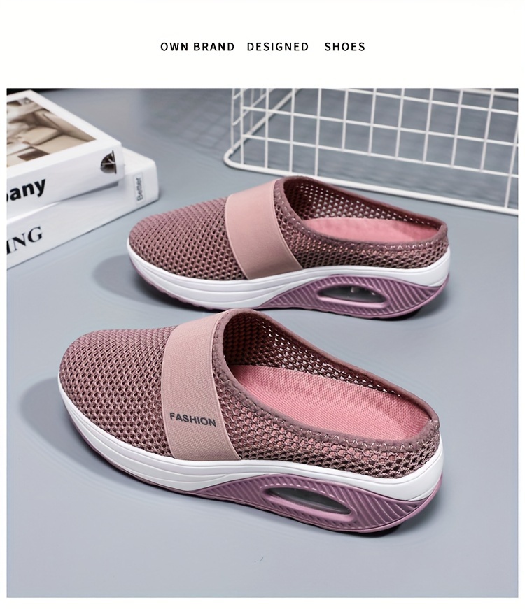 womens solid color mesh sneakers slip on soft sole platform home casual shoes breathable half drag slides shoes details 3