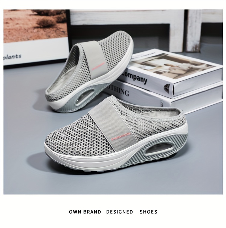 womens solid color mesh sneakers slip on soft sole platform home casual shoes breathable half drag slides shoes details 4