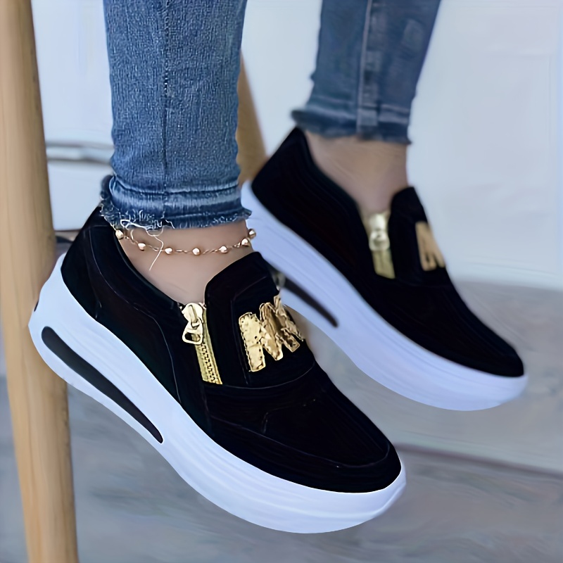 womens solid color platform sneakers slip on round toe non slip side zipper low top soft shoes outdoor comfy shoes details 4