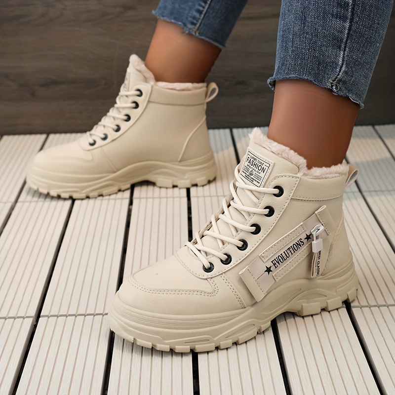 womens solid color platform sneakers casual lace up side zipper outdoor shoes comfortable plush lined shoes details 0