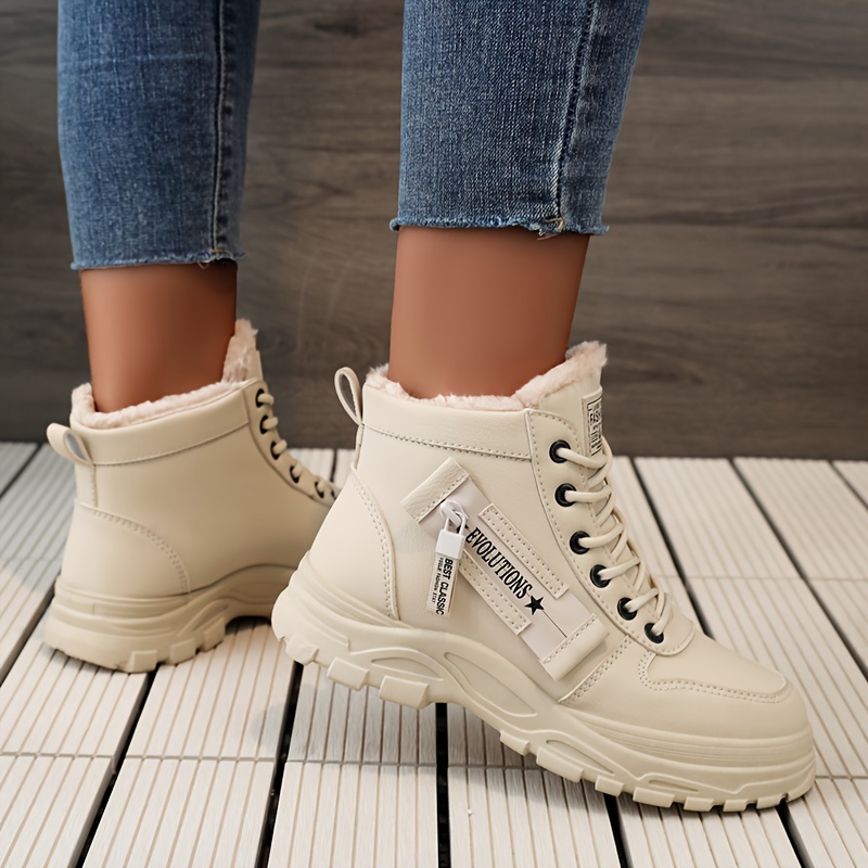 womens solid color platform sneakers casual lace up side zipper outdoor shoes comfortable plush lined shoes details 2