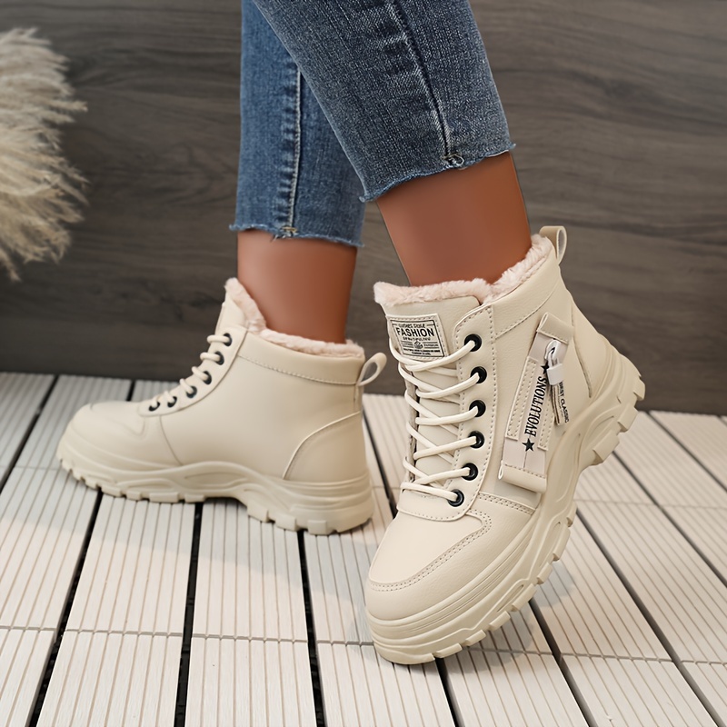 womens solid color platform sneakers casual lace up side zipper outdoor shoes comfortable plush lined shoes details 4