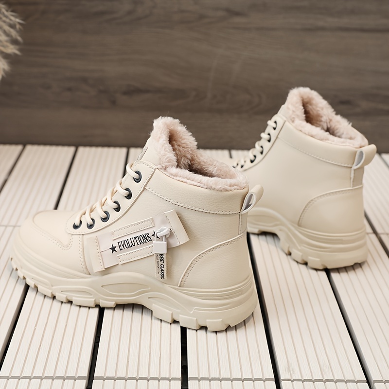 womens solid color platform sneakers casual lace up side zipper outdoor shoes comfortable plush lined shoes details 5