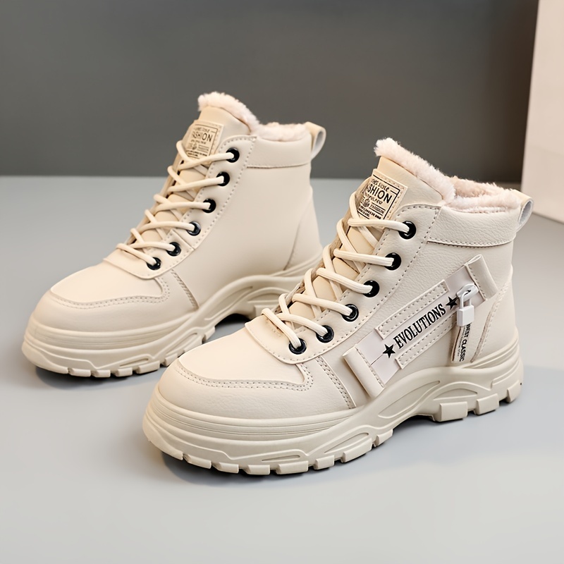 womens solid color platform sneakers casual lace up side zipper outdoor shoes comfortable plush lined shoes details 6