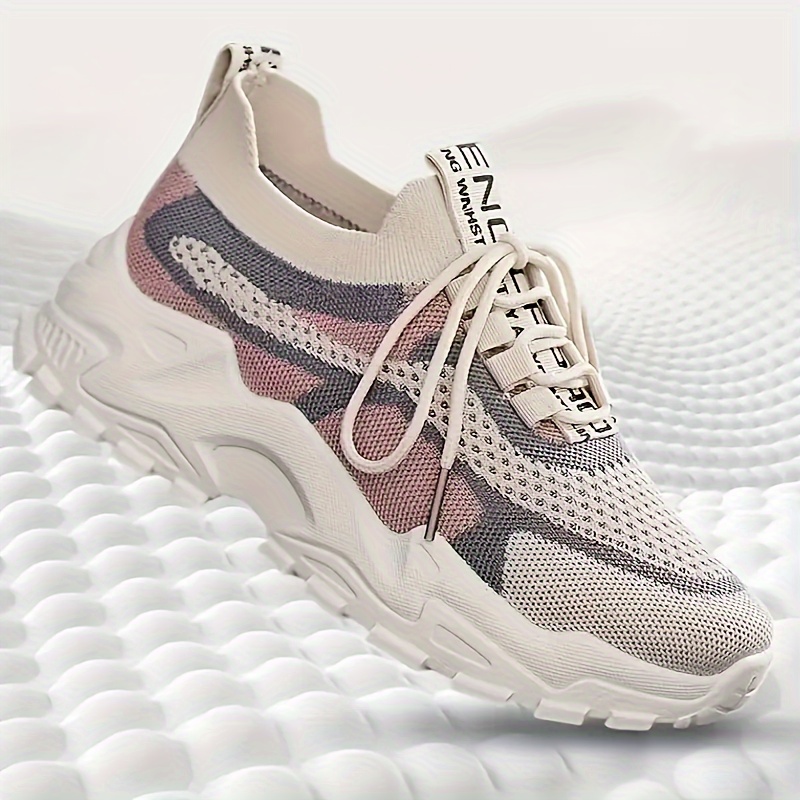 knit chunky sneakers, womens knit chunky sneakers colorblock lace up low top running sports shoes breathable walking trainers details 2