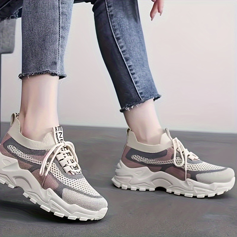 knit chunky sneakers, womens knit chunky sneakers colorblock lace up low top running sports shoes breathable walking trainers details 3