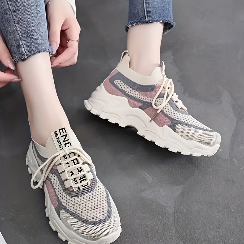 knit chunky sneakers, womens knit chunky sneakers colorblock lace up low top running sports shoes breathable walking trainers details 4