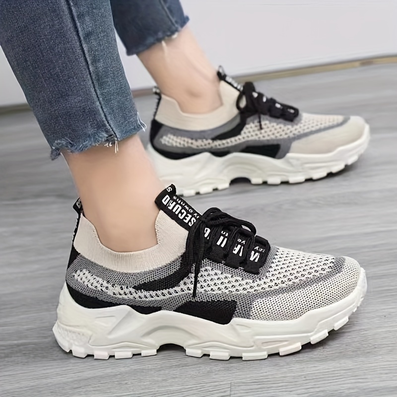 knit chunky sneakers, womens knit chunky sneakers colorblock lace up low top running sports shoes breathable walking trainers details 6